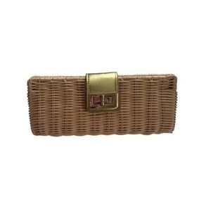 J. Crew Natural Wicker Straw Metallic Gold Accent Clutch Bag Euro Summer Coastal